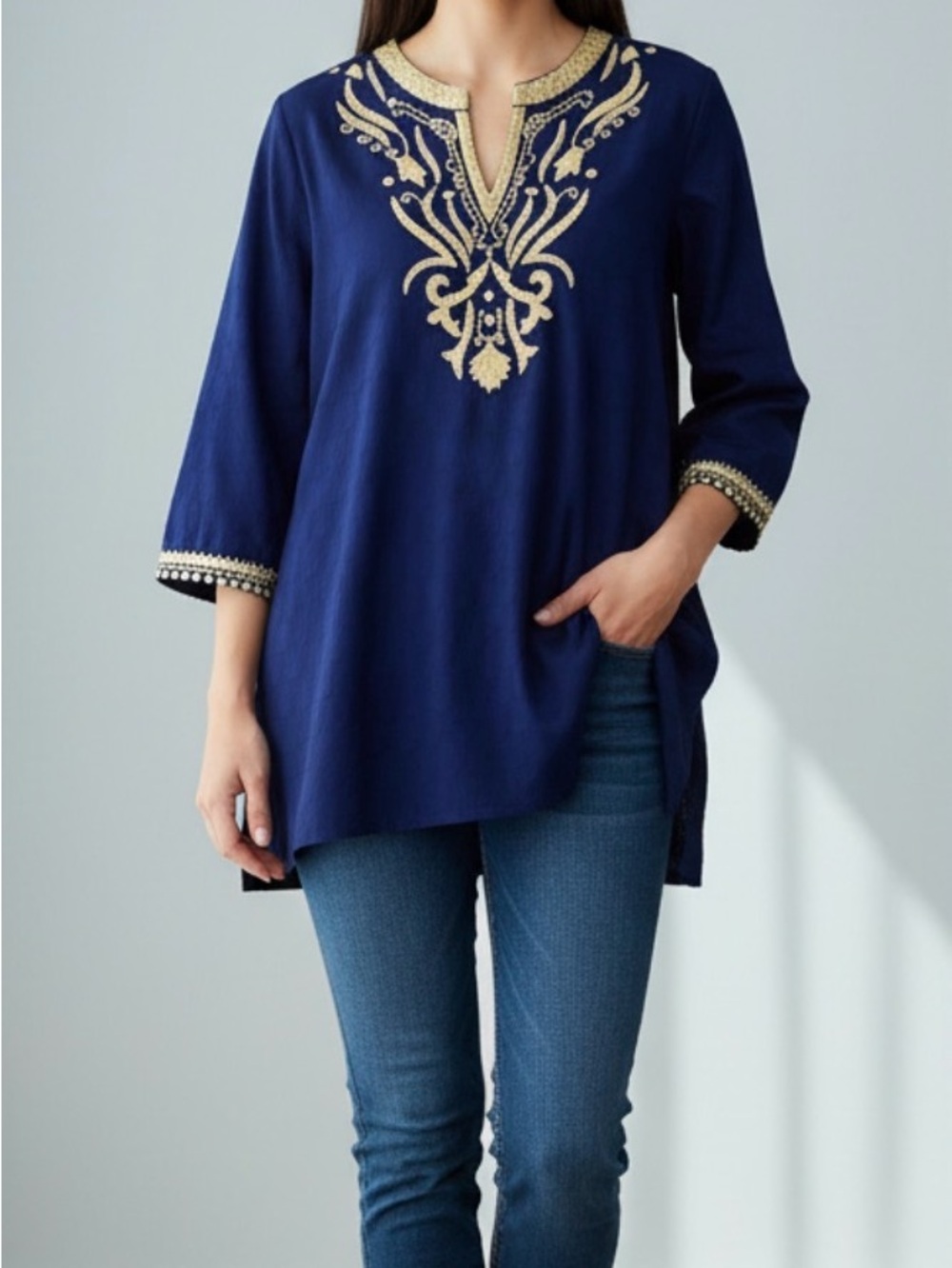 Chico's Navy Tunic with Gold Embroidery